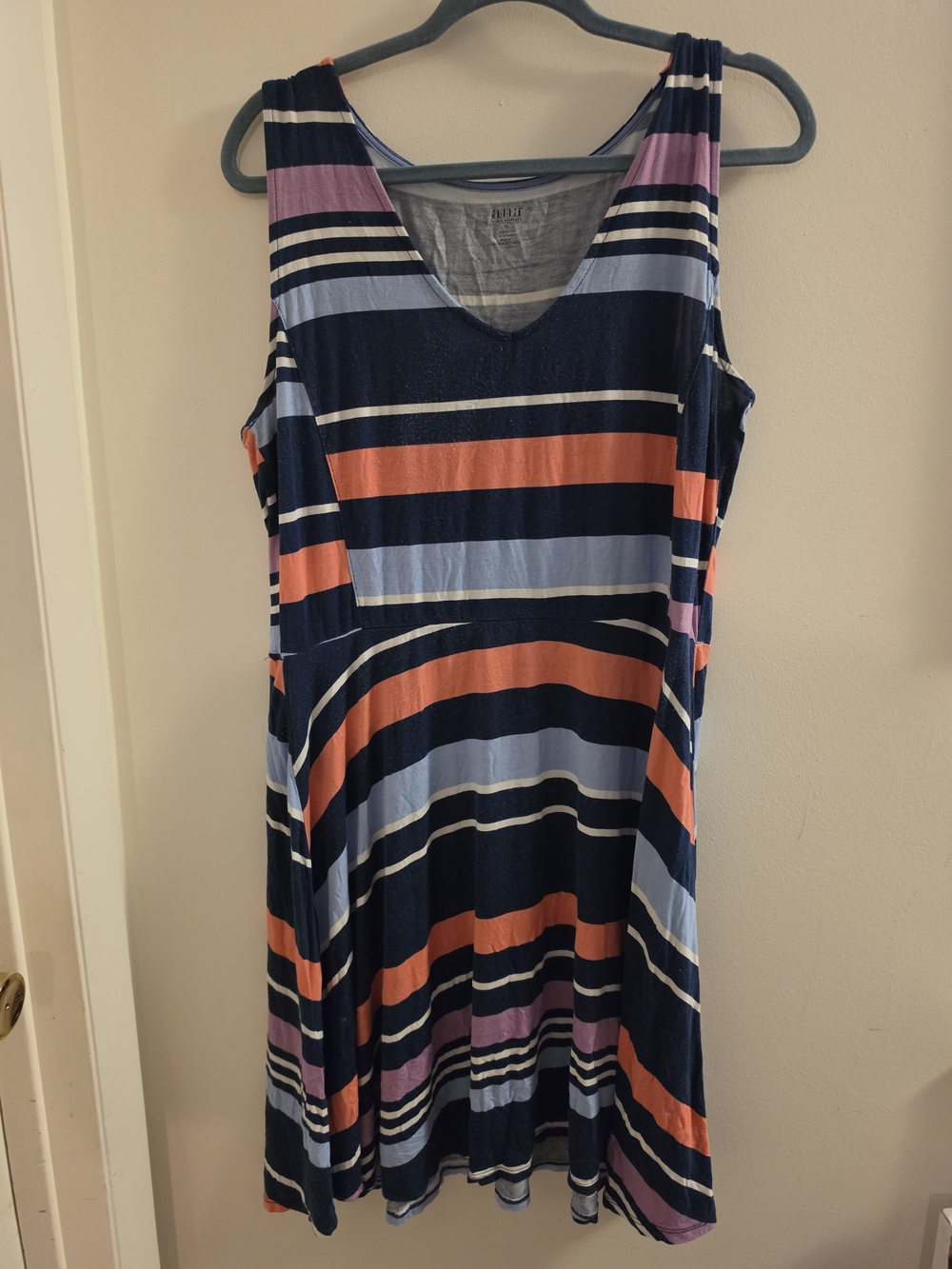 A.n.a Brand Sleeveless Striped V-Neck Dress in Navy, Coral & Lavender Size Xl